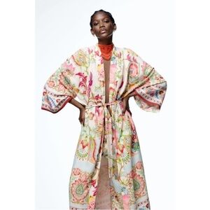 Zara floral white red kimono blogger‎ robe duster jacket size S New with Tags 🟢